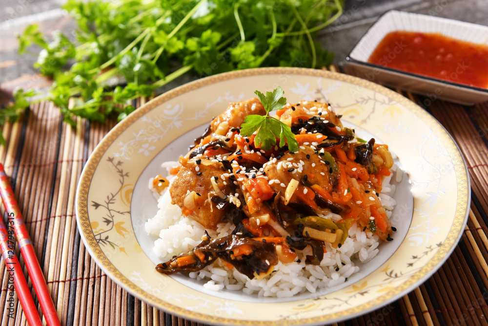 Oriental dish - rice with vegetables and chicken Oriental dish - rice with vegetables and chicken
