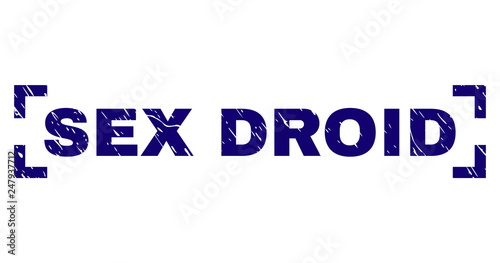 SEX DROID tag seal imprint with grunge texture. Text tag is placed between corners. Blue vector rubber print of SEX DROID with grunge texture.