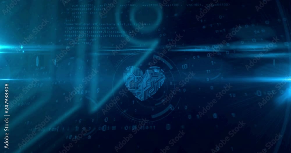 Digital heart symbol in cyberspace. Abstract looping and seamless animation of Cyber  love symbol on digital background.