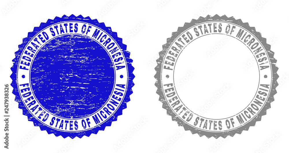 Grunge FEDERATED STATES OF MICRONESIA stamp seals isolated on a white background. Rosette seals with grunge texture in blue and grey colors. Grunge FEDERATED STATES OF MICRONESIA stamp seals isolated on a white background. Rosette seals with grunge texture in blue and grey colors.