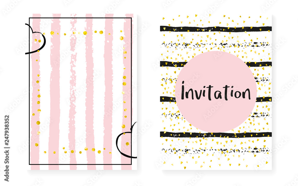 Gold glitter cards with dots and sequins. Wedding and bridal shower invitation set with confetti. Vertical stripes background. Hipster gold glitter cards for party, event, save the date flyer.