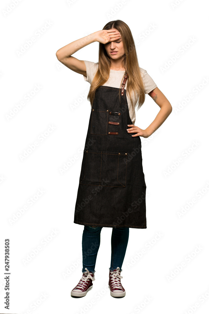 Full body Young woman with apron with tired and sick expression on isolated background Full body Young woman with apron with tired and sick expression on isolated background