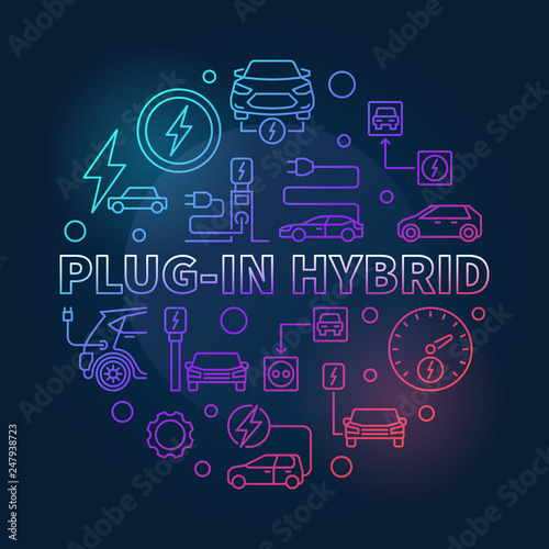Plug-in Hybrid round vector colored illustration in thin line style on dark background