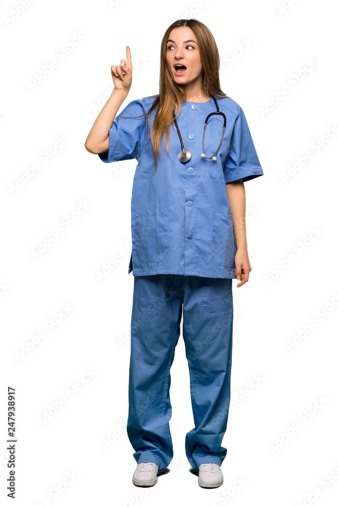 Full body Young nurse intending to realizes the solution while lifting a finger up on isolated background