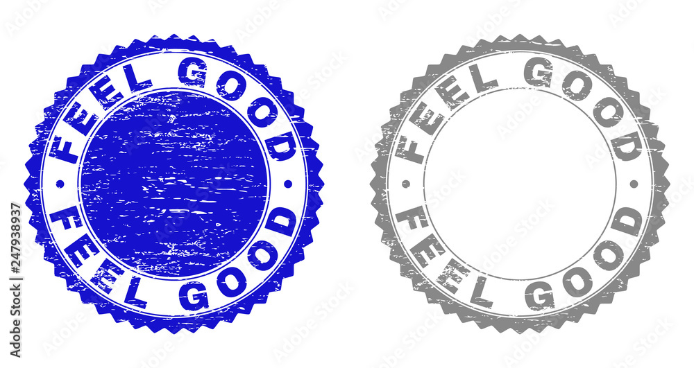 Grunge FEEL GOOD stamp seals isolated on a white background. Rosette seals with grunge texture in blue and grey colors. Vector rubber stamp imitation of FEEL GOOD text inside round rosette. Grunge FEEL GOOD stamp seals isolated on a white background. Rosette seals with grunge texture in blue and grey colors. Vector rubber stamp imitation of FEEL GOOD text inside round rosette.