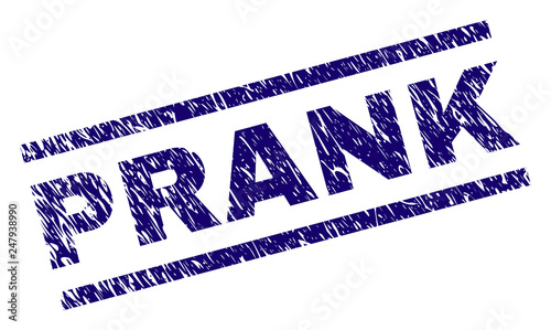 PRANK seal print with distress style. Blue vector rubber print of PRANK text with unclean texture. Text label is placed between parallel lines.