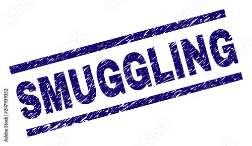 SMUGGLING seal print with distress style. Blue vector rubber print of SMUGGLING text with scratched texture. Text title is placed between parallel lines.