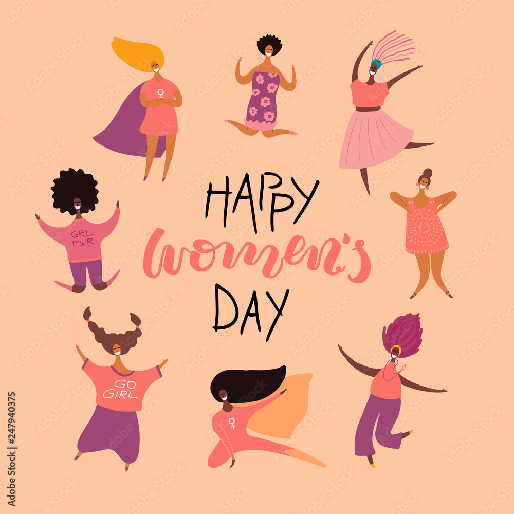 Happy womens day card, poster, banner, with quote and diverse women. Isolated objects. Hand drawn vector illustration. Flat style design. Concept, element for feminism, girl power. Happy womens day card, poster, banner, with quote and diverse women. Isolated objects. Hand drawn vector illustration. Flat style design. Concept, element for feminism, girl power.