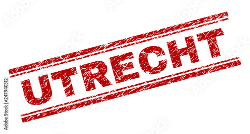UTRECHT seal stamp with grunge texture. Red vector rubber print of UTRECHT text with unclean texture. Text caption is placed between double parallel lines.