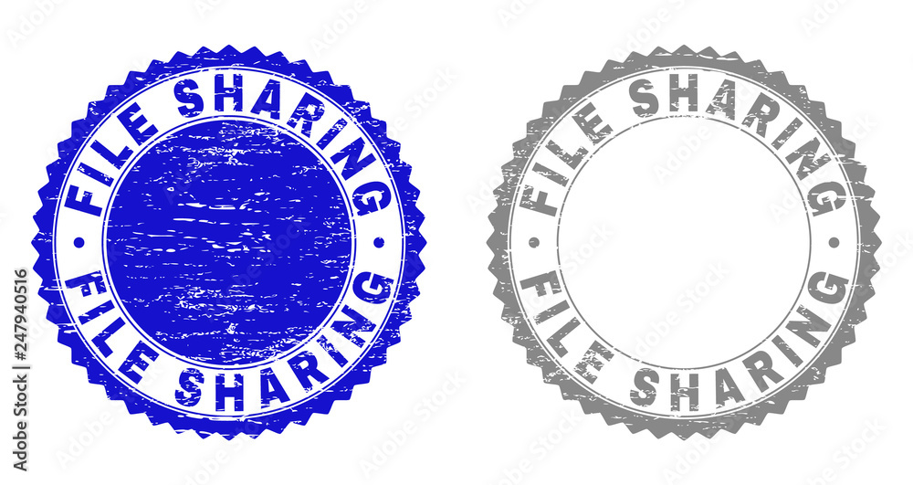 Grunge FILE SHARING stamp seals isolated on a white background. Rosette seals with grunge texture in blue and gray colors. Vector rubber overlay of FILE SHARING text inside round rosette. Grunge FILE SHARING stamp seals isolated on a white background. Rosette seals with grunge texture in blue and gray colors. Vector rubber overlay of FILE SHARING text inside round rosette.