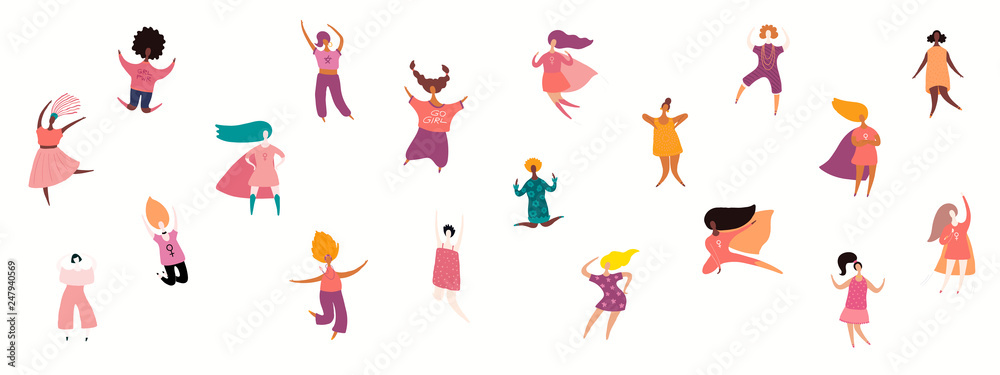 Womens day card, poster, banner, with crowd of tiny diverse women. Isolated objects on white background. Hand drawn vector illustration. Flat style design. Concept, element for feminism, girl power.