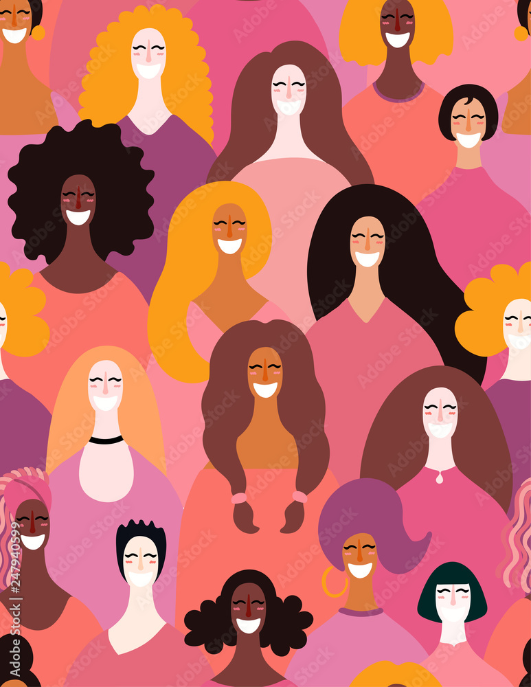 Fototapeta Ręcznie rysowane wzór z różnorodnymi twarzami kobiet. Ilustracja wektorowa. Projekt płaski. Koncepcja, element feminizmu, karta dzień kobiet, plakat, baner, tekstylia, tapeta, tło opakowania