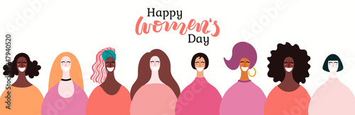 Happy womens day card, poster, banner, background, with quote and diverse women faces. Hand drawn vector illustration. Flat style design. Concept, element for feminism, girl power.