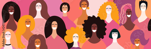 Womens day card, poster, banner, background, with diverse women faces. Hand drawn vector illustration. Flat style design. Concept, element for feminism, girl power.