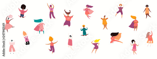 Womens day card, poster, banner, with crowd of tiny diverse women. Isolated objects on white background. Hand drawn vector illustration. Flat style design. Concept, element for feminism, girl power.