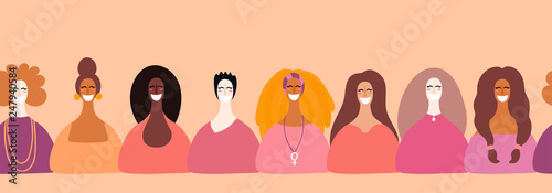 Hand drawn seamless horizontal border with diverse women faces. Vector illustration. Flat style design. Concept, element for feminism, womens day card, poster, banner, wallpaper, packaging, background
