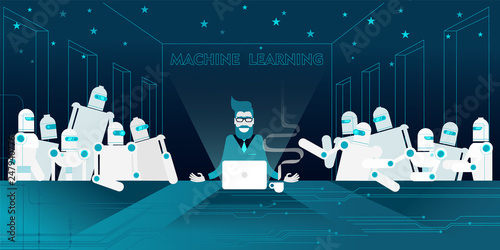 Technology evangelist bearded and in glasses with his androids robots AI apostles at The Last Supper