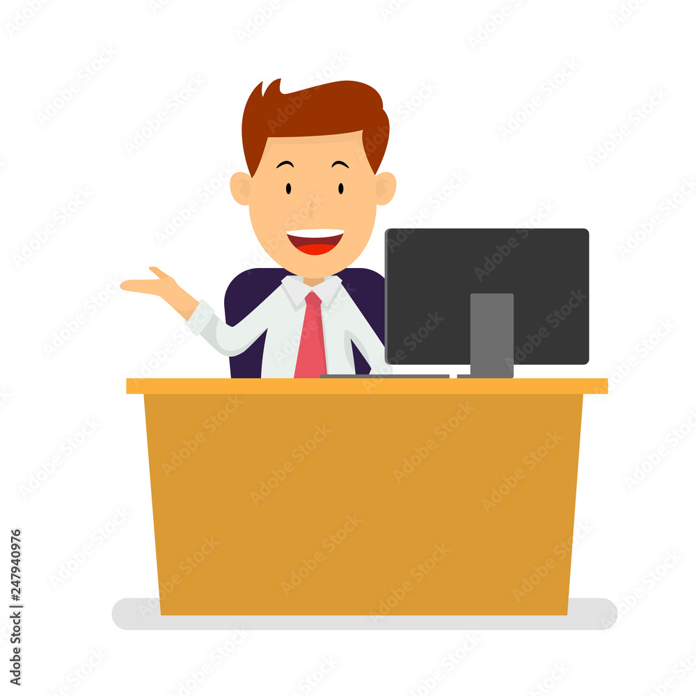 Businessman at workplace with lightbulb idea, Vector Illustration Businessman at workplace with lightbulb idea, Vector Illustration