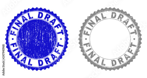 Grunge FINAL DRAFT stamp seals isolated on a white background. Rosette seals with grunge texture in blue and gray colors. Vector rubber stamp imitation of FINAL DRAFT caption inside round rosette.