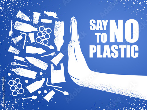 Say no to plastic. Problem plastic pollution. Ecological poster. Banner composed of white plastic waste bag, bottle and hand on blue background.
