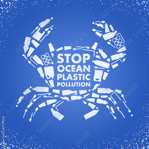 Stop ocean plastic pollution. Ecological poster Crab composed of white plastic waste bag, bottle on blue background. Plastic problem.