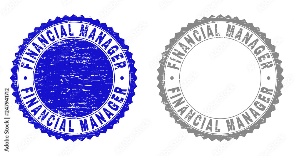 Grunge FINANCIAL MANAGER stamp seals isolated on a white background. Rosette seals with grunge texture in blue and grey colors. Grunge FINANCIAL MANAGER stamp seals isolated on a white background. Rosette seals with grunge texture in blue and grey colors.