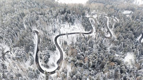 windy road aerial with snow covered trees © Andreas