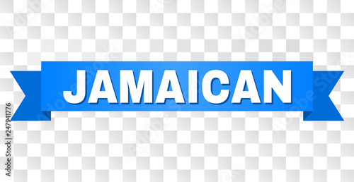 JAMAICAN text on a ribbon. Designed with white title and blue stripe. Vector banner with JAMAICAN tag on a transparent background.