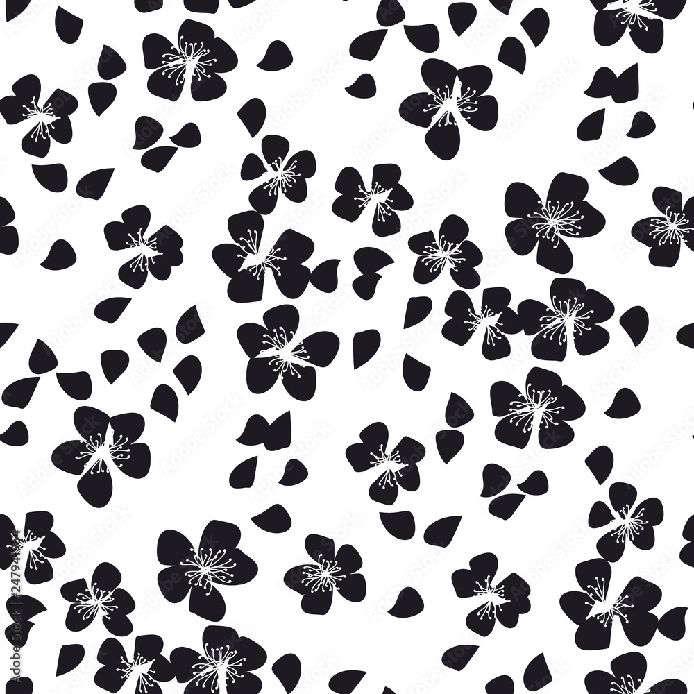 Fototapeta premium Black and white laconic sakura seamless patter