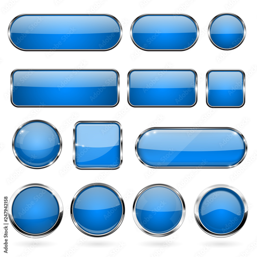 Blue glass buttons with metal frame. Collection of 3d icons - obrazy, fototapety, plakaty 