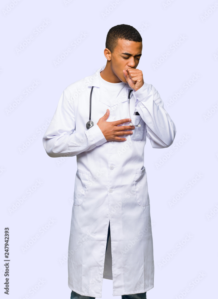 Young afro american man doctor is suffering with cough and feeling bad on isolated background Young afro american man doctor is suffering with cough and feeling bad on isolated background