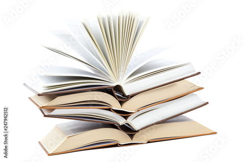 Books in a stack on white background.