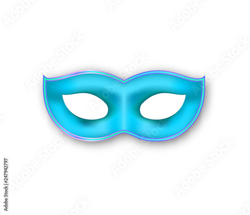 Mardi Gras mask blue color. Authentic Venetian Carnival Face Mask. Masquerade realistic party decoration isolated on white background.