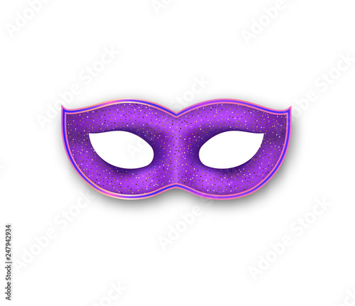 Mardi Gras mask purple color with gold glittering effect. Authentic Venetian painted Carnival Face Mask. Masquerade realistic party decoration on white background.