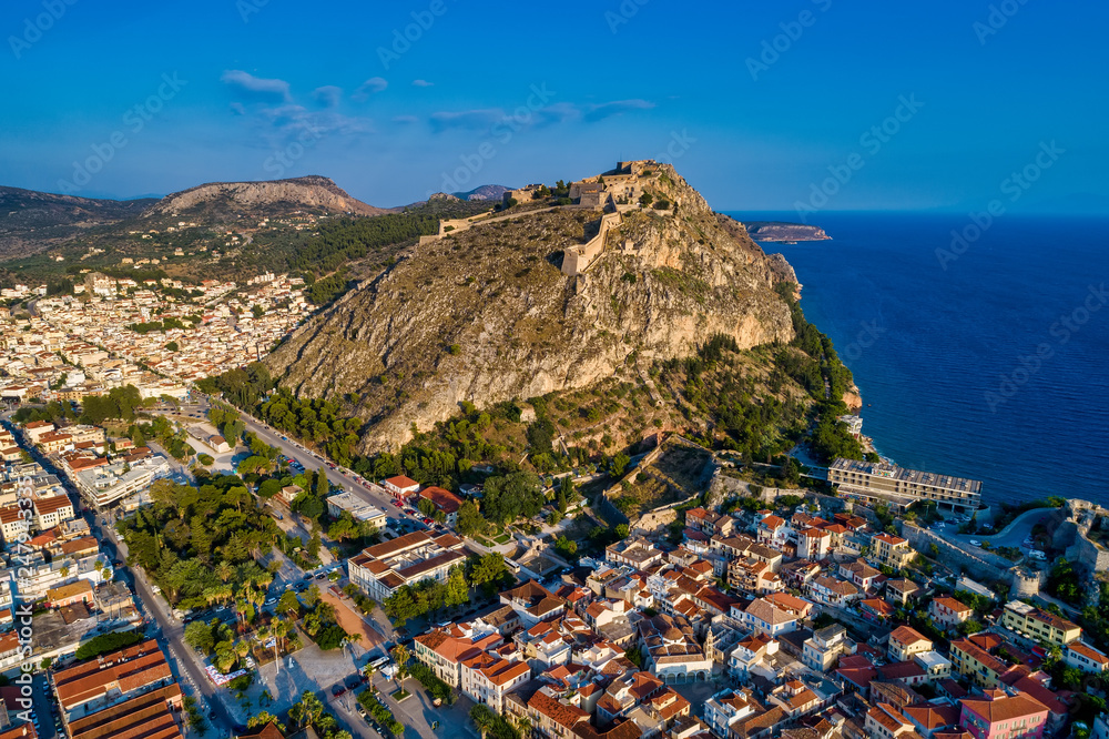 aerial view of Nafplion city with Palamidi castle, a greek town at Peloponnese peninsula.