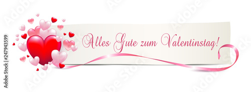 Banner mit Herzen zum Valentinstag, Karte mit Grüße zum Valentinstag in deutsch, Vektor Illustration isoliert auf weißem Hintergrund