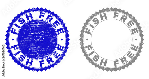 Grunge FISH FREE stamp seals isolated on a white background. Rosette seals with grunge texture in blue and gray colors. Vector rubber stamp imitation of FISH FREE text inside round rosette.
