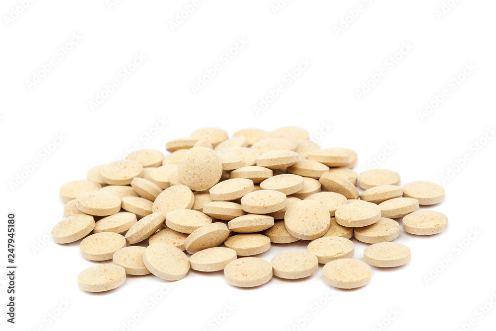 Tablets nutritional supplements vitamins on white background. Tablets nutritional supplements vitamins on white background.