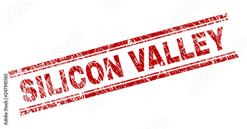 SILICON VALLEY seal watermark with distress texture. Red vector rubber print of SILICON VALLEY tag with dust texture. Text tag is placed between double parallel lines.