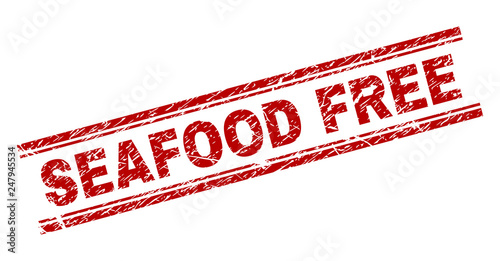 SEAFOOD FREE seal print with corroded style. Red vector rubber print of SEAFOOD FREE text with unclean texture. Text caption is placed between double parallel lines.