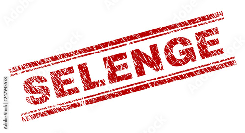 SELENGE seal print with distress texture. Red vector rubber print of SELENGE label with unclean texture. Text label is placed between double parallel lines.