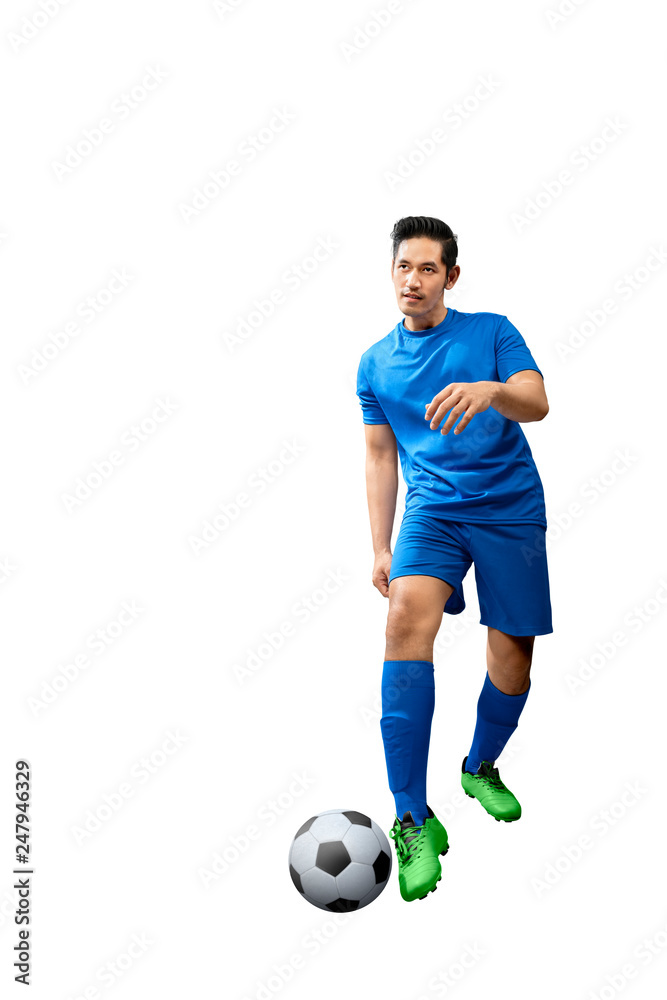 Young asian football player man with blue jersey in action