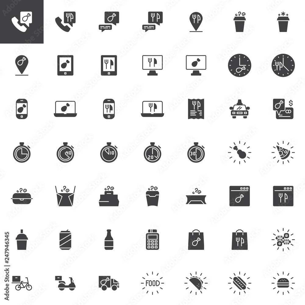 Food delivery vector icons set, modern solid symbol collection, filled pictogram pack. Signs, logo illustration. Set includes icons as Delivery bike, Lunch box, Fast food, Takeaway coffee, Pizza Food delivery vector icons set, modern solid symbol collection, filled pictogram pack. Signs, logo illustration. Set includes icons as Delivery bike, Lunch box, Fast food, Takeaway coffee, Pizza