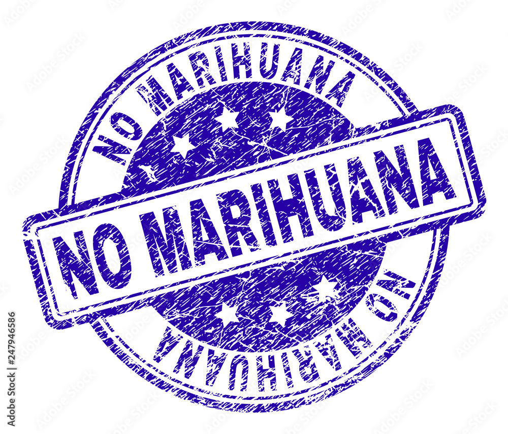 NO MARIHUANA stamp seal watermark with distress texture. Designed with rounded rectangles and circles. Blue vector rubber print of NO MARIHUANA label with dirty texture.