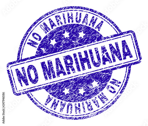 NO MARIHUANA stamp seal watermark with distress texture. Designed with rounded rectangles and circles. Blue vector rubber print of NO MARIHUANA label with dirty texture.