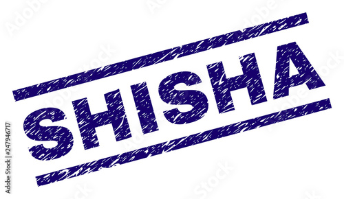 SHISHA seal print with grunge style. Blue vector rubber print of SHISHA text with dirty texture. Text title is placed between parallel lines.