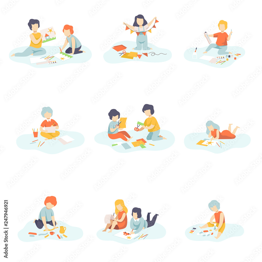 Boys and Girls Sitting on Floor Painting, Cutting, Drawing, Modelling from Plasticine, Kids Creativity, Education, Development Vector Illustration
