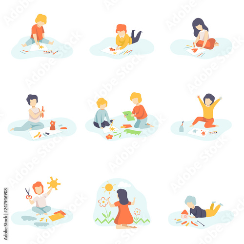 Collection of Boys and Girls Sitting on Floor Painting, Cutting with Scssors, Drawing with Pencils, Modelling from Plasticine, Kids Creativity, Education, Development Vector Illustration
