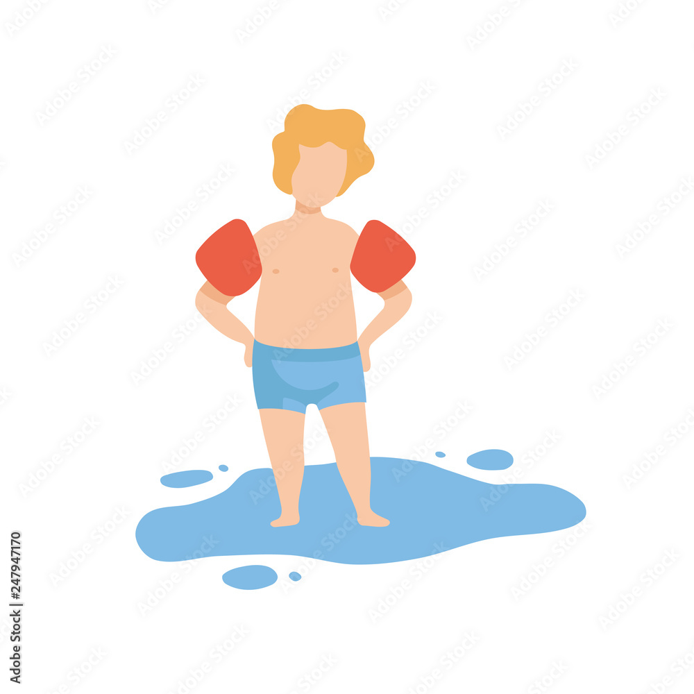 Cute Boy Standing in Water Wearing Inflatable Armbands, Kid Having Fun on Beach on Summer Holidays Vector Illustration Cute Boy Standing in Water Wearing Inflatable Armbands, Kid Having Fun on Beach on Summer Holidays Vector Illustration