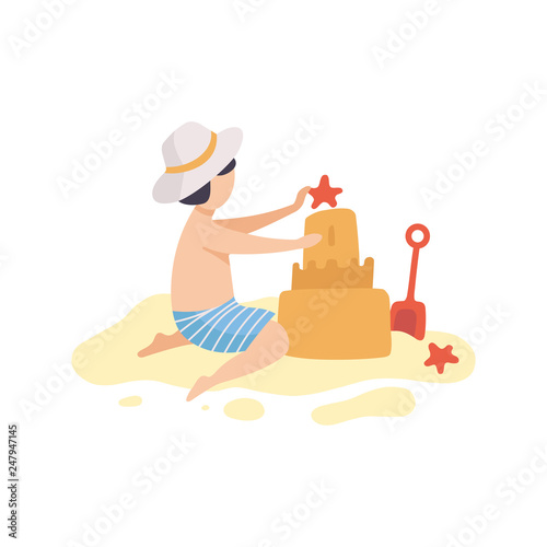 Cute Boy Building Sandcastle, Kid Playing on Beach on Summer Holidays Vector Illustration